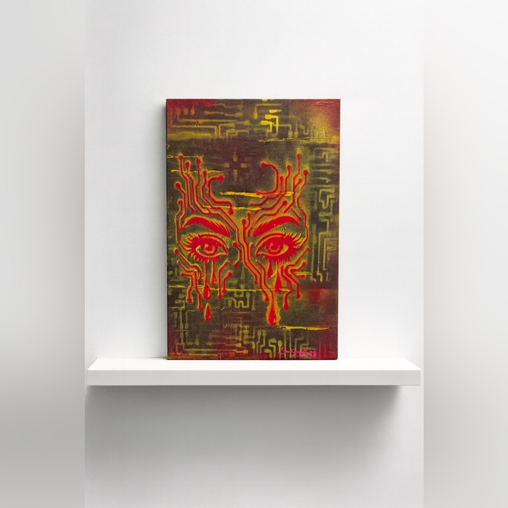 Original Cyberpunk Neon Canvas Painting – Dripping Eyes Street Art Signed 2025